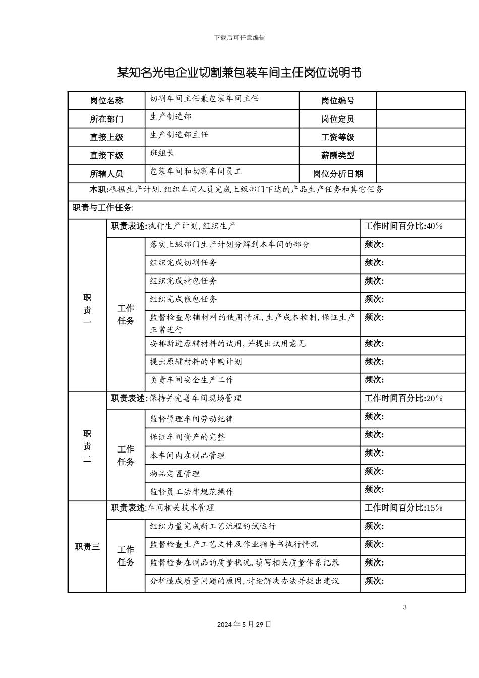 知名光电企业切割兼包装车间主任岗位说明书._第3页