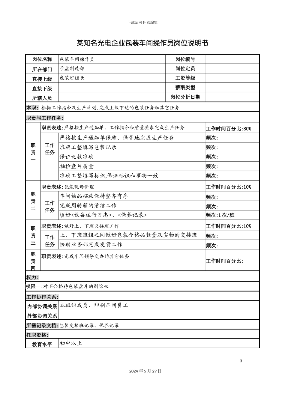 知名光电企业包装车间操作员岗位说明书_第3页