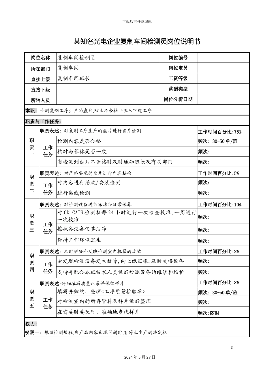 知名光电企业复制车间检测员岗位说明书_第3页