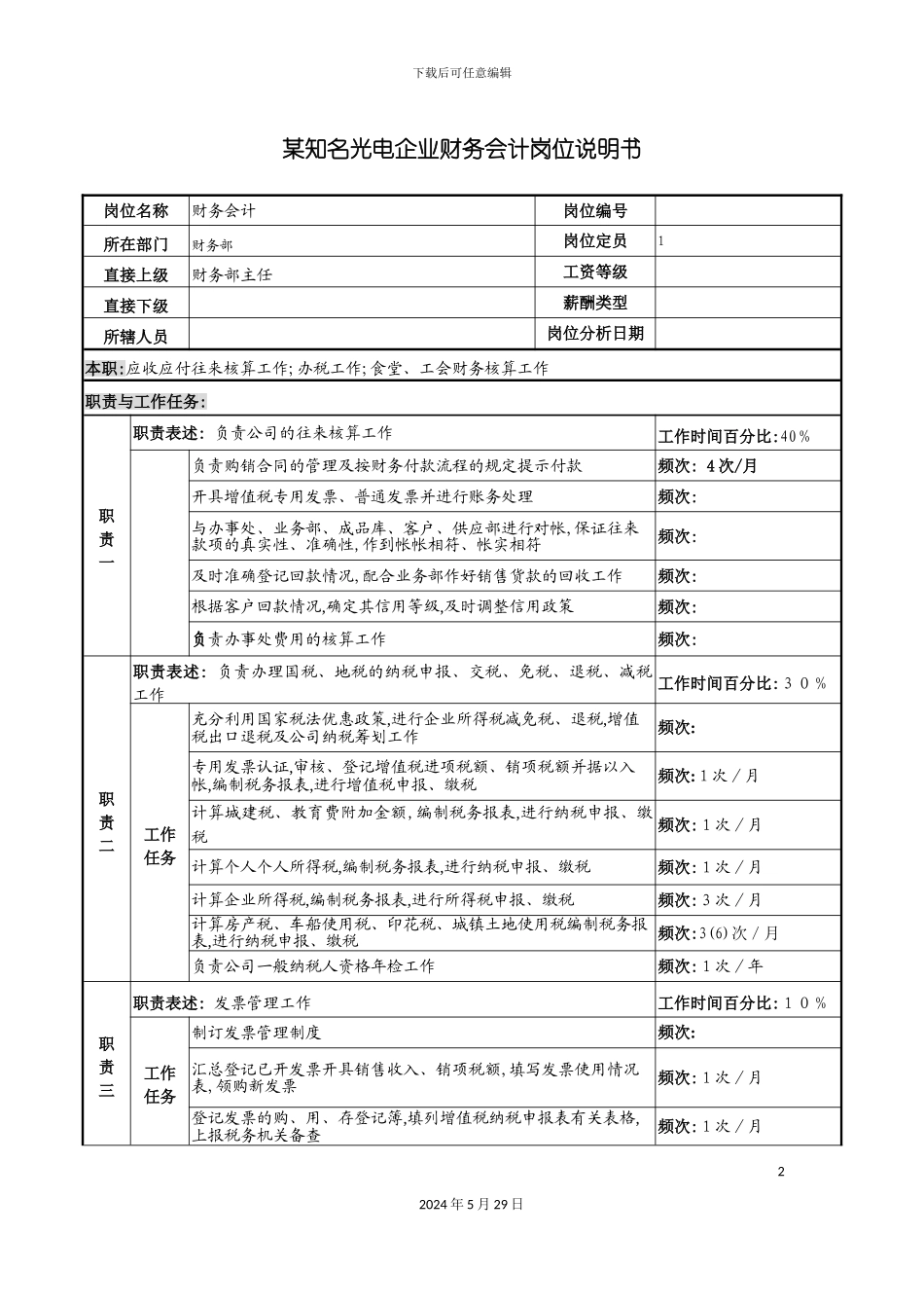 知名光电企业财务会计岗位说明书_第2页