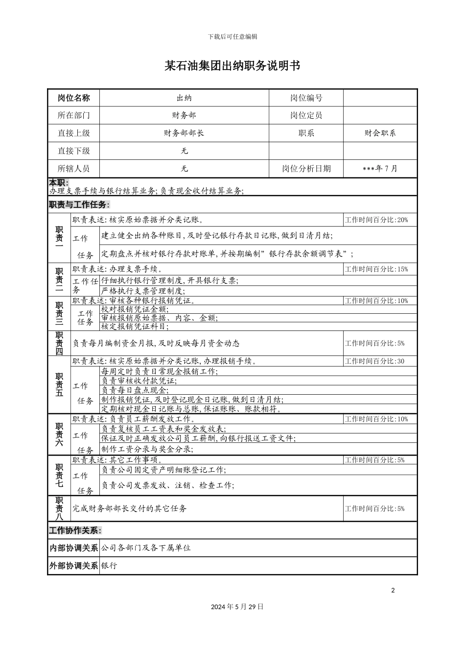 石油集团出纳职务说明书_第2页