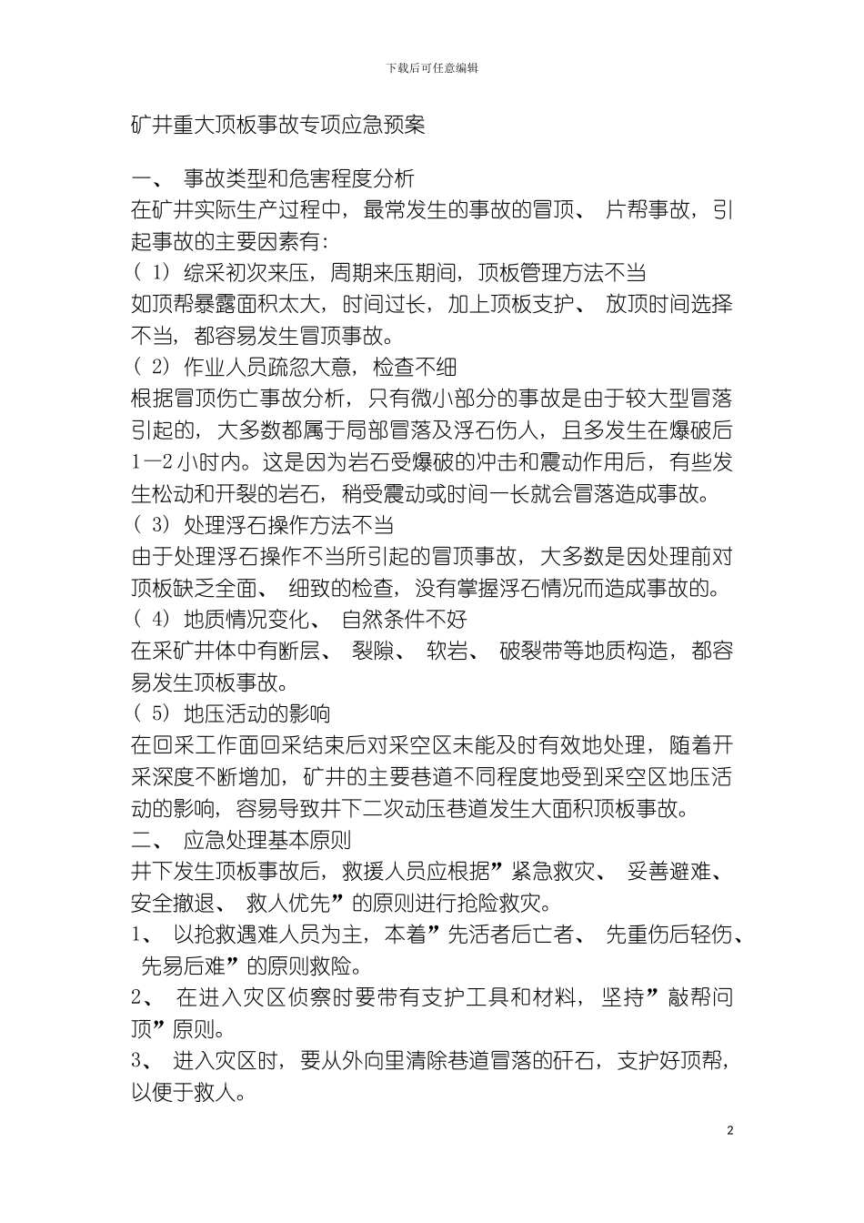 矿井重大顶板事故专项应急预案模板_第2页
