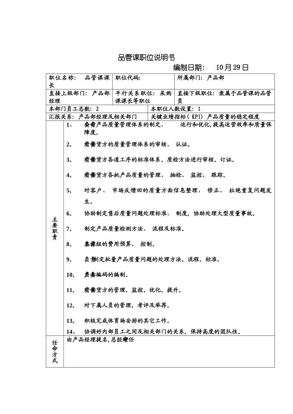 远卓品管课职位说明书模板_第2页