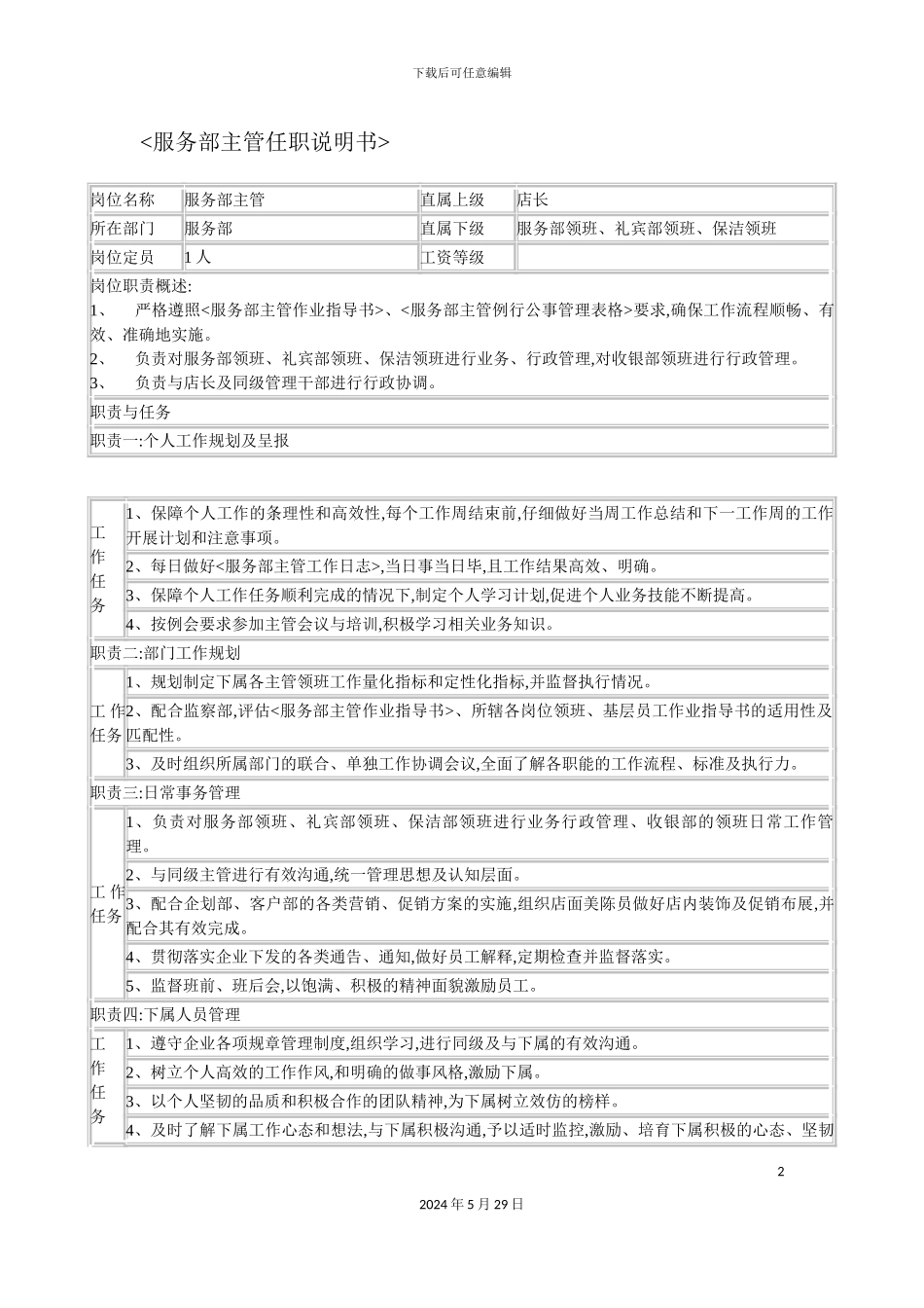 连锁餐饮企业服务部主管职务说明书_第2页