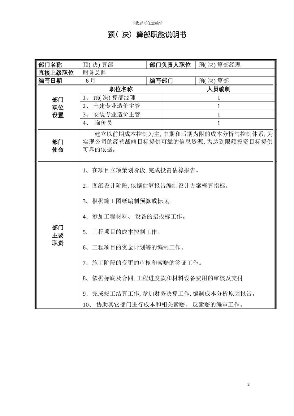 部门职能说明书预算部模板_第2页