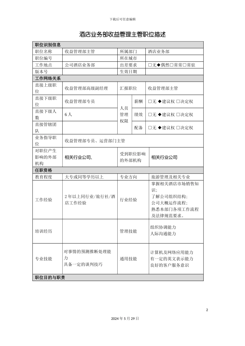酒店业务部收益管理主管岗位说明书_第2页