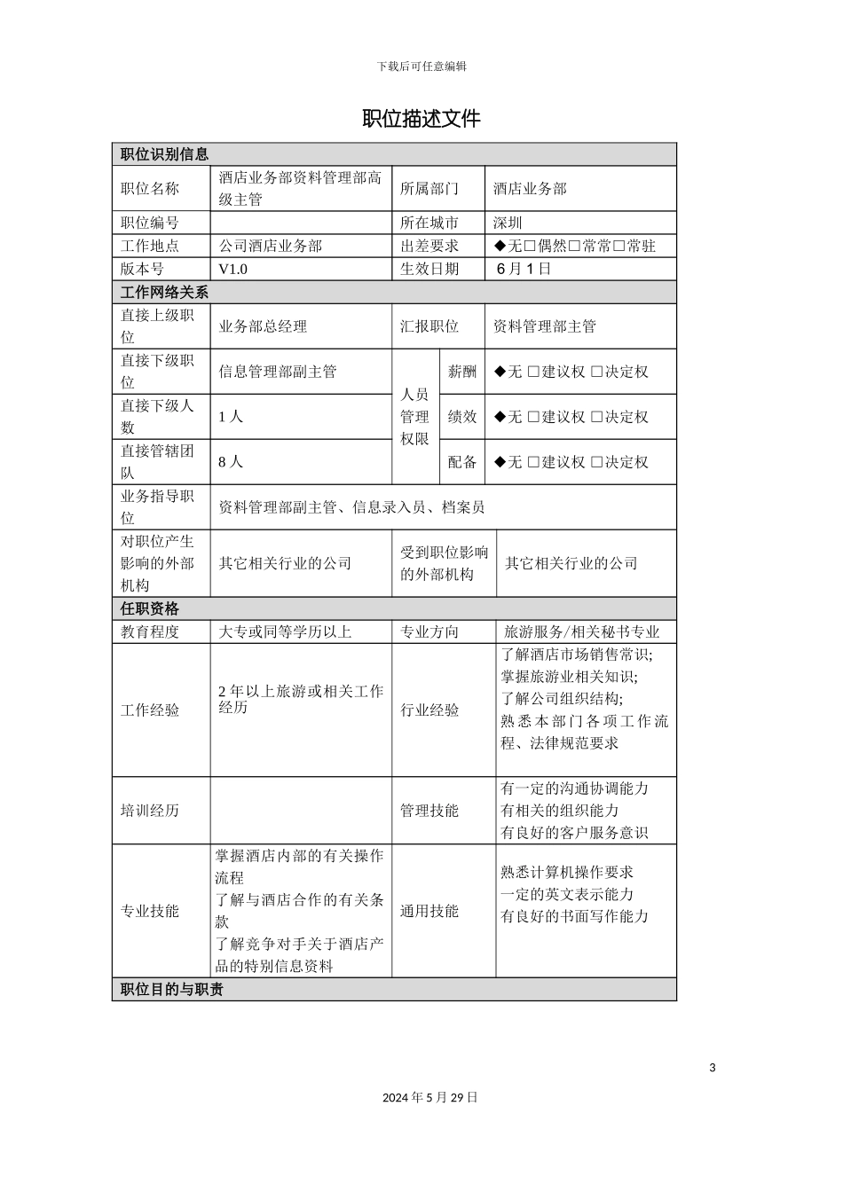 酒店业务部资料管理部主管职责说明书._第3页