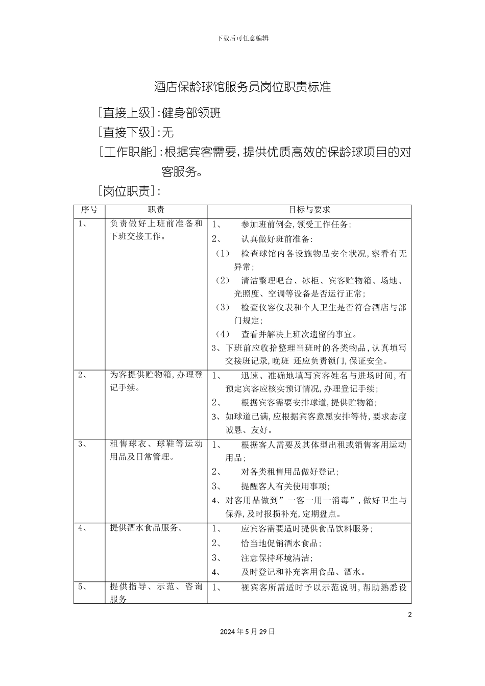 酒店保龄球馆服务员岗位职责标准_第2页