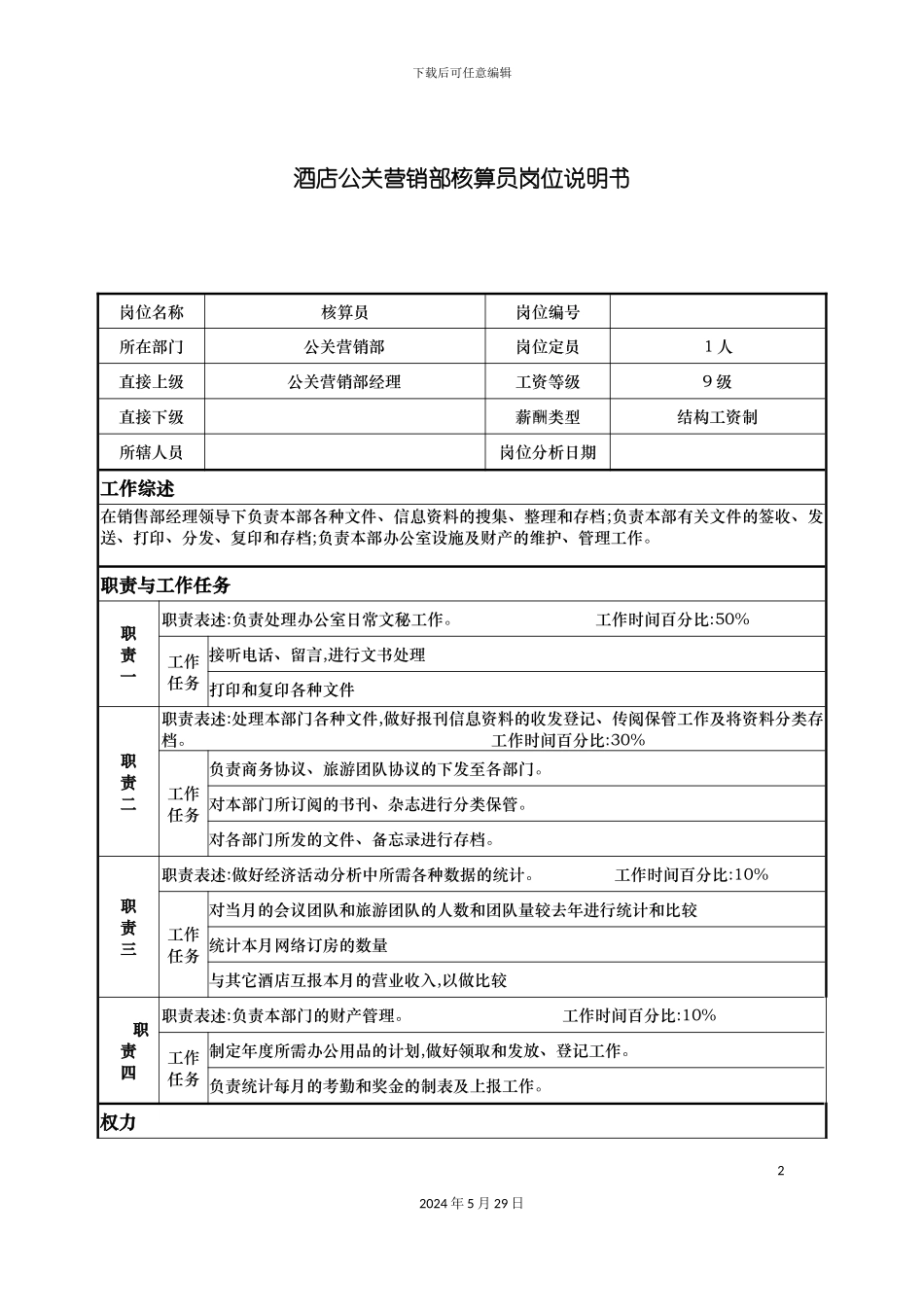 酒店公关营销部核算员岗位说明书_第2页