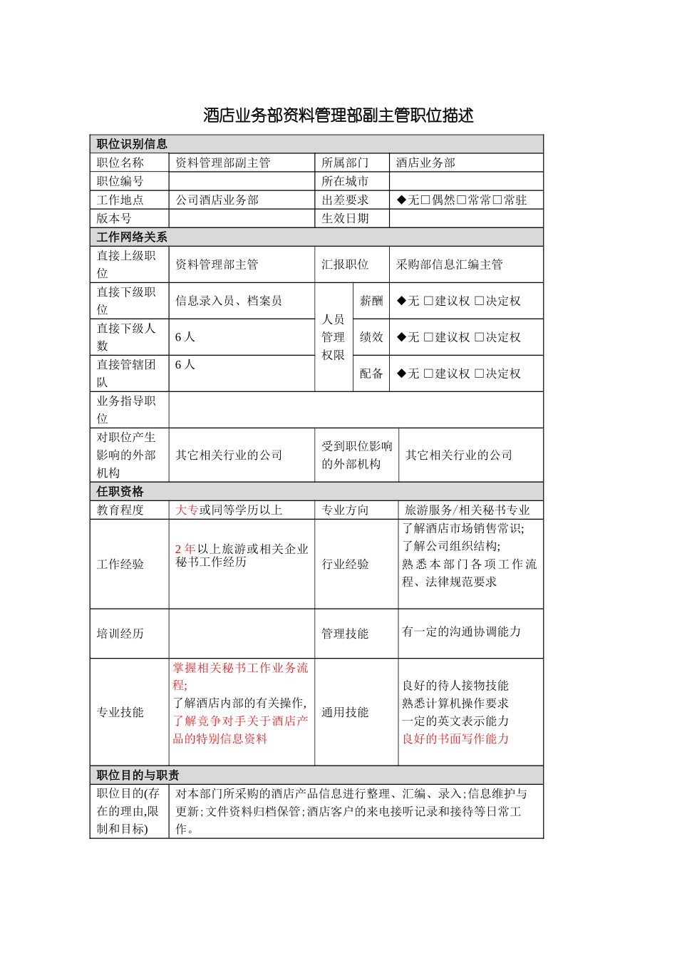 酒店业务部资料管理副主管主管岗位说明书_第3页