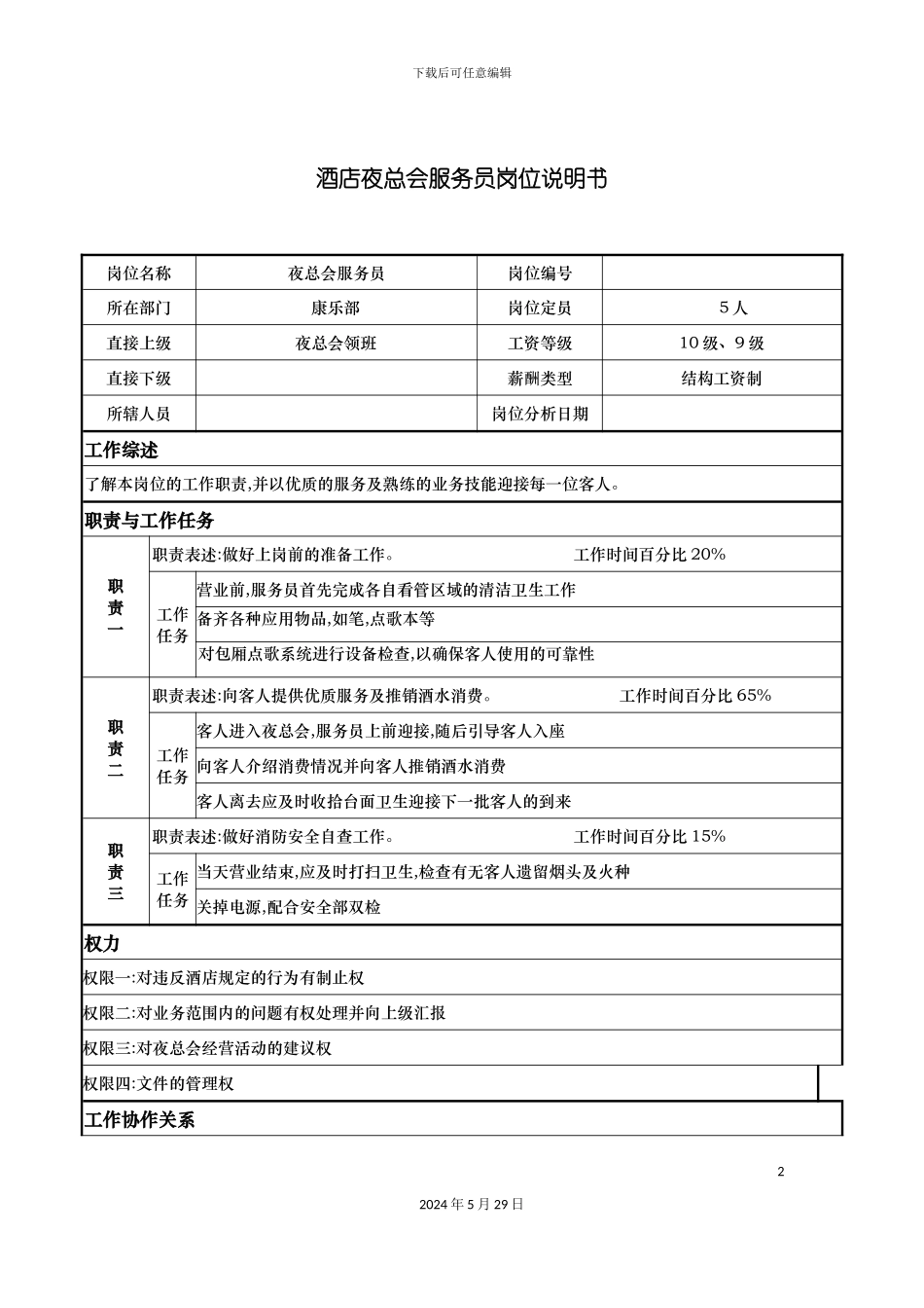 酒店夜总会服务员岗位说明书_第2页