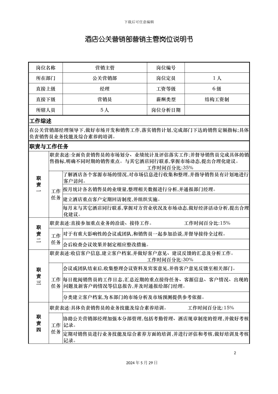 酒店公关营销部营销主管岗位说明书_第2页