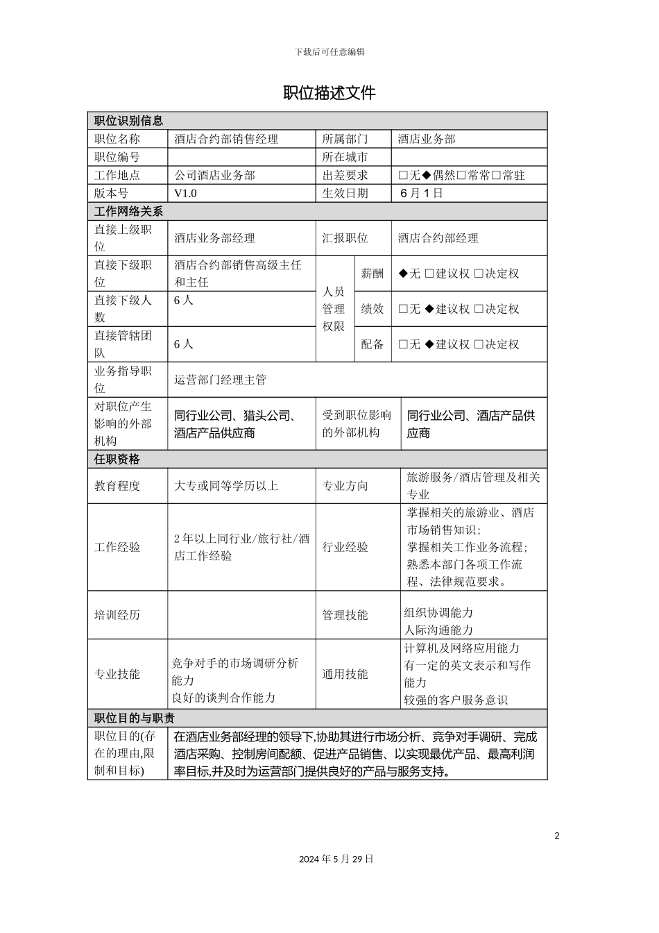 酒店合约部销售经理职责说明书_第2页