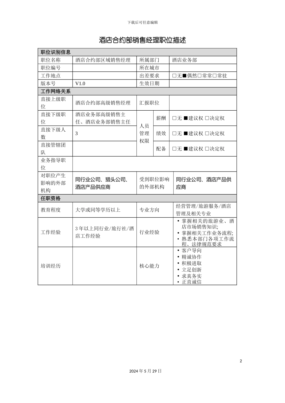 酒店合约部区域销售经理岗位说明书_第2页