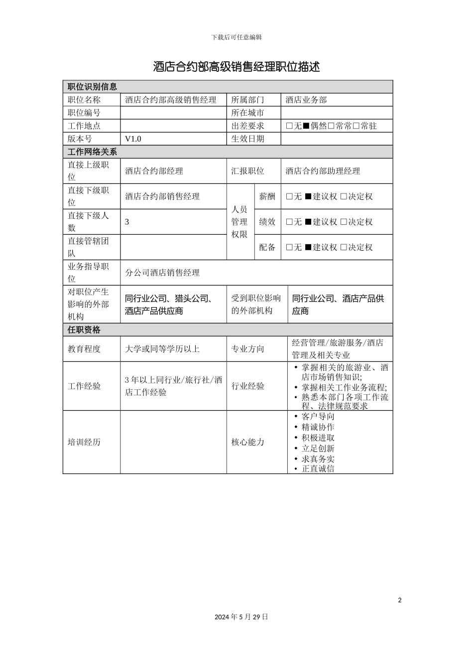 酒店合约部高级销售经理岗位说明书_第2页