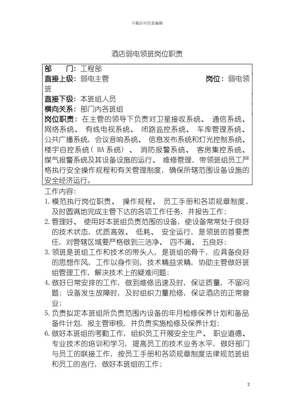 酒店弱电领班岗位职责模板_第2页