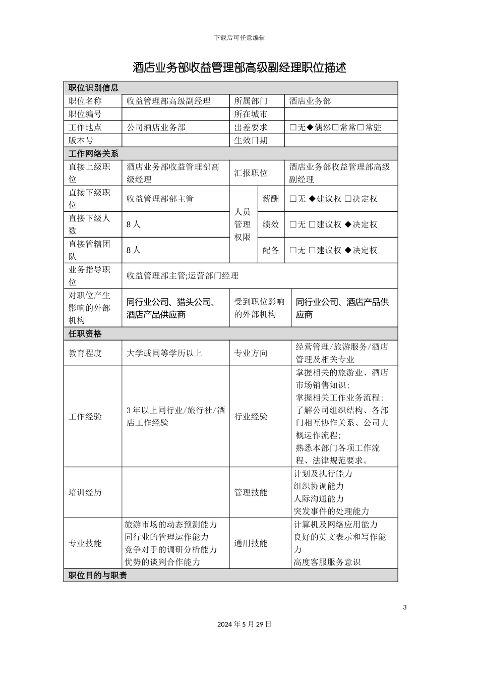 酒店收益管理部高级副经理岗位说明书_第3页