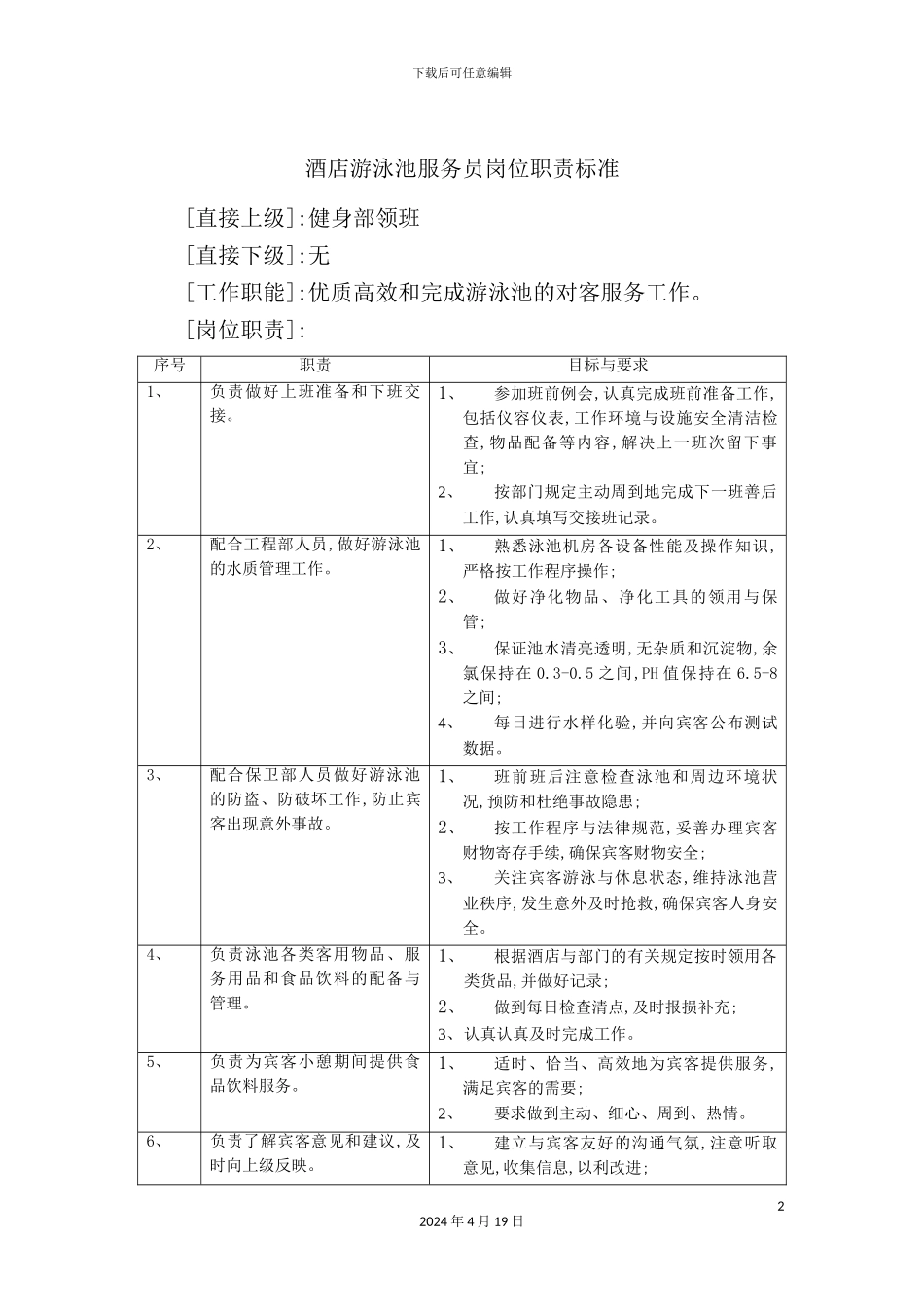 酒店游泳池服务员岗位职责标准_第2页