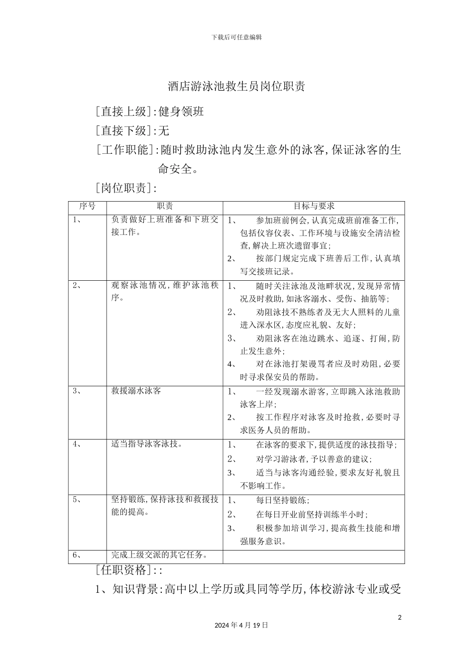 酒店游泳池救生员岗位职责_第2页