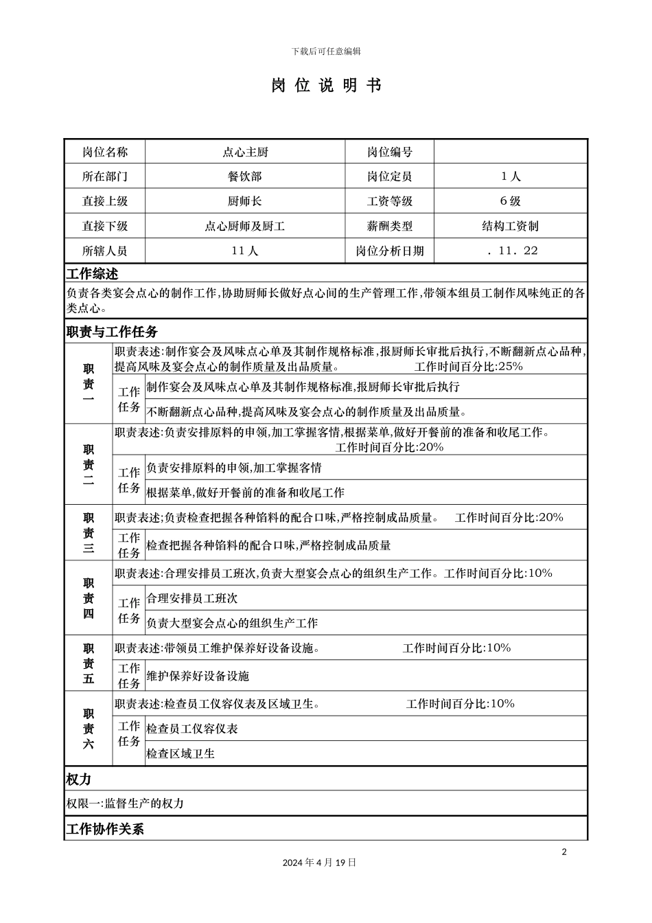 酒店点心主厨岗位说明书_第2页