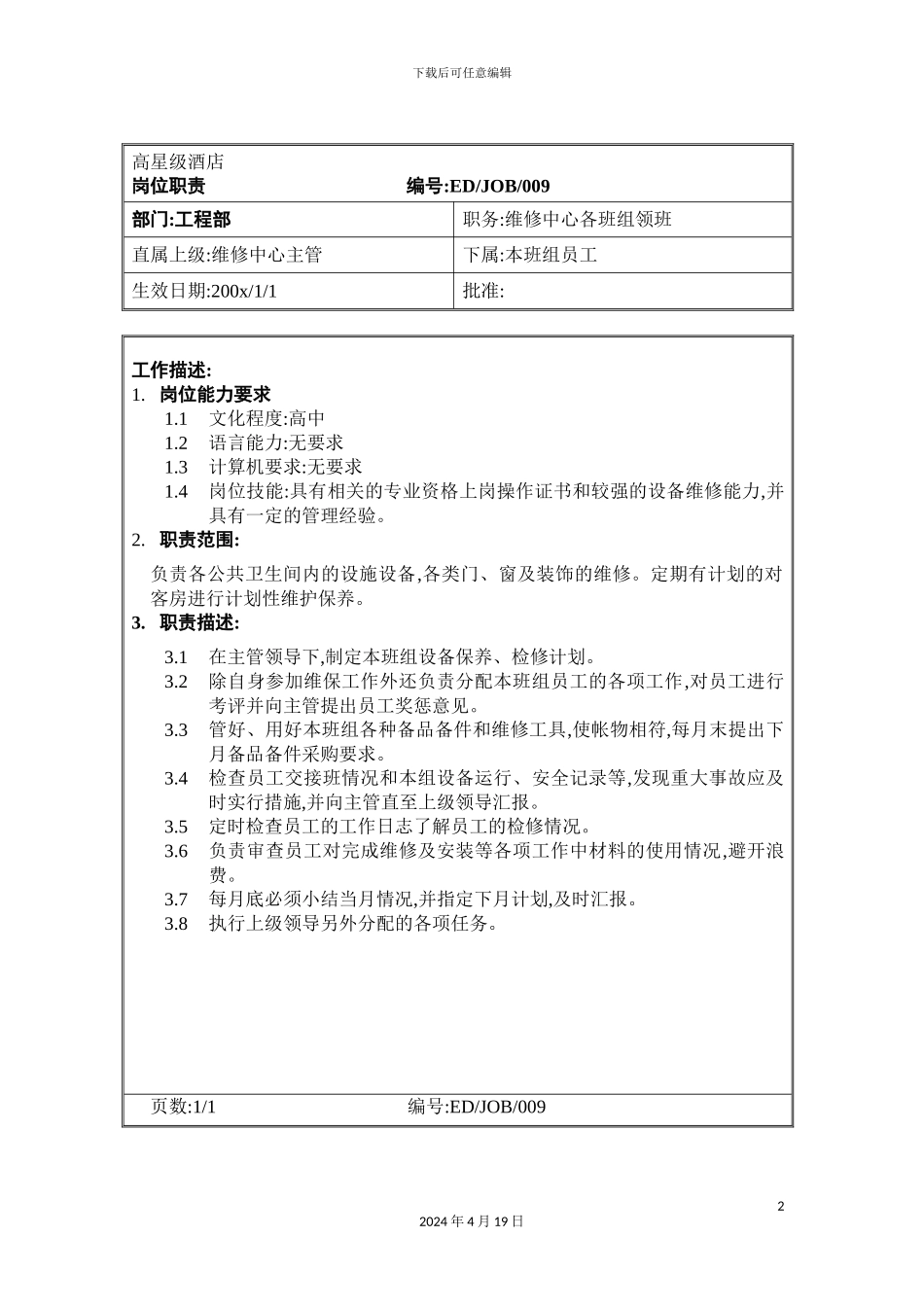 酒店维修中心各班组领班岗位职责_第2页