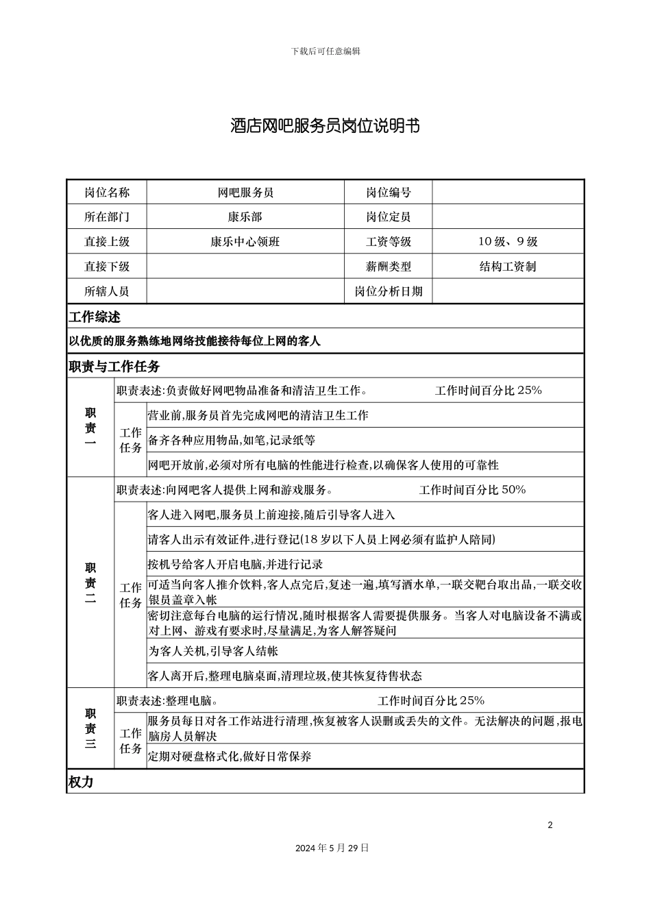 酒店网吧服务员岗位说明书_第2页