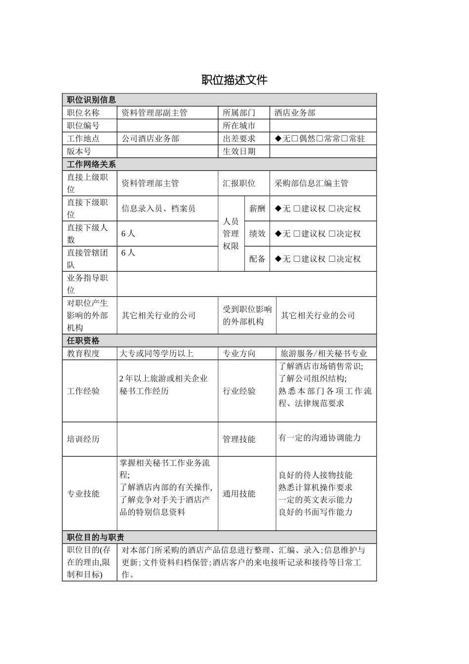 酒店职位描述业务部资料管理副主管主管岗位说明书_第3页