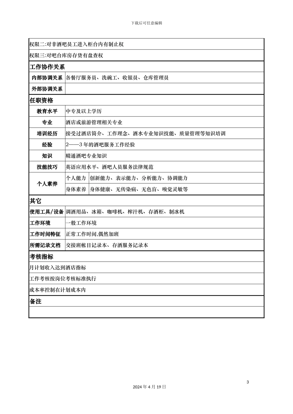 酒店酒水员岗位说明书_第3页
