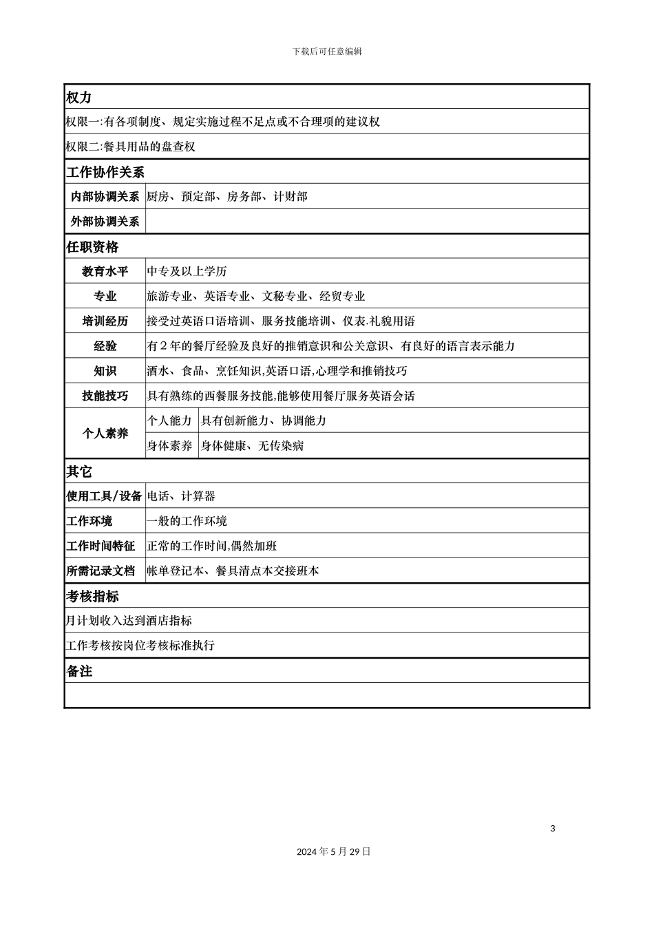酒店餐饮部西餐服务员岗位说明书_第3页