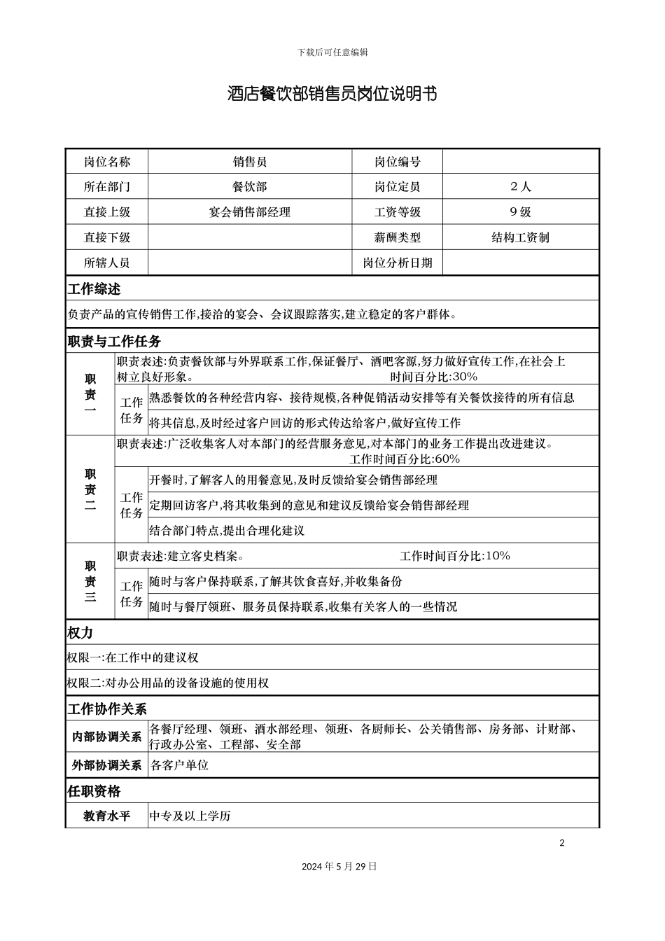 酒店餐饮部销售员岗位说明书_第2页