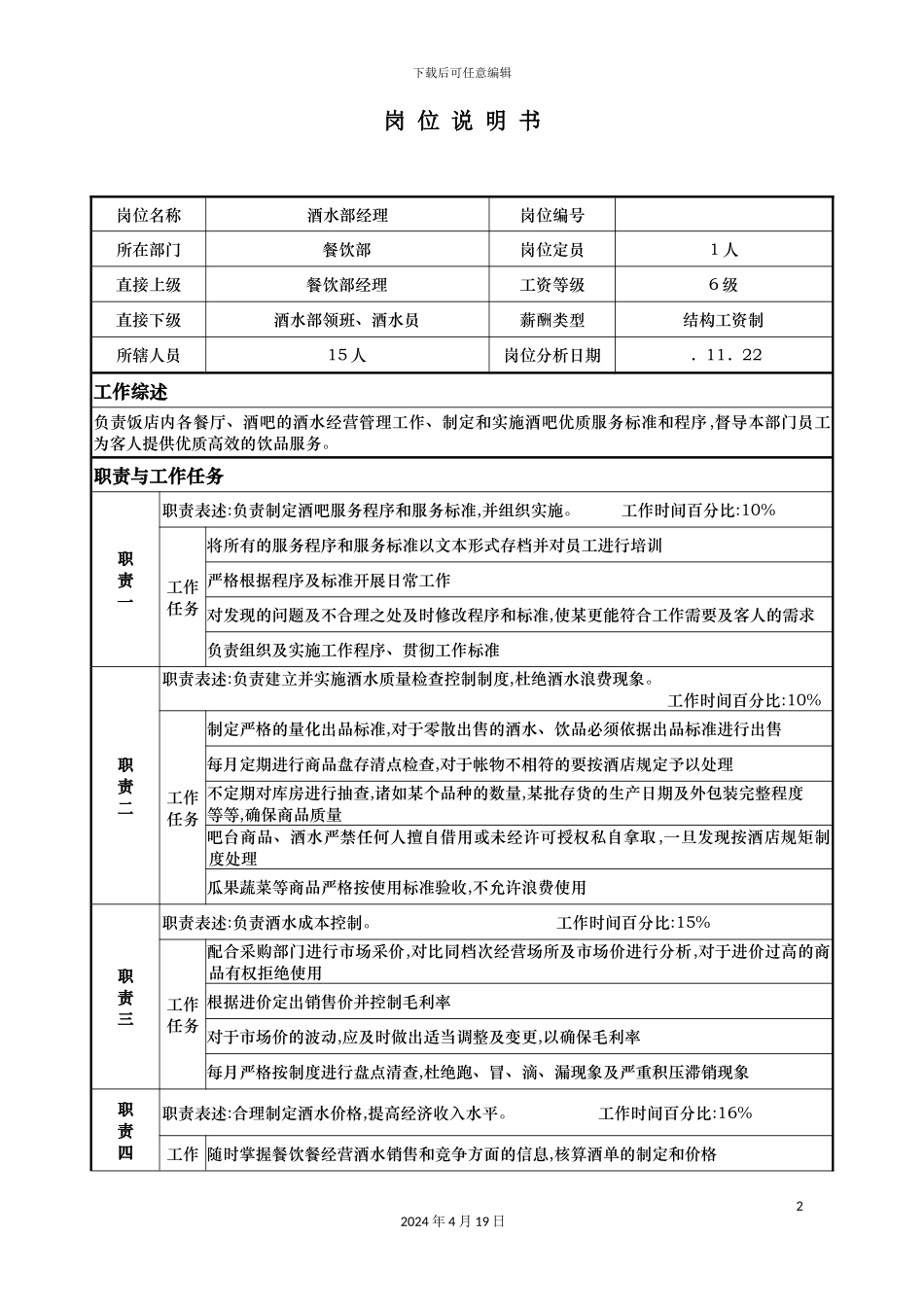 酒水部经理岗位说明书_第2页