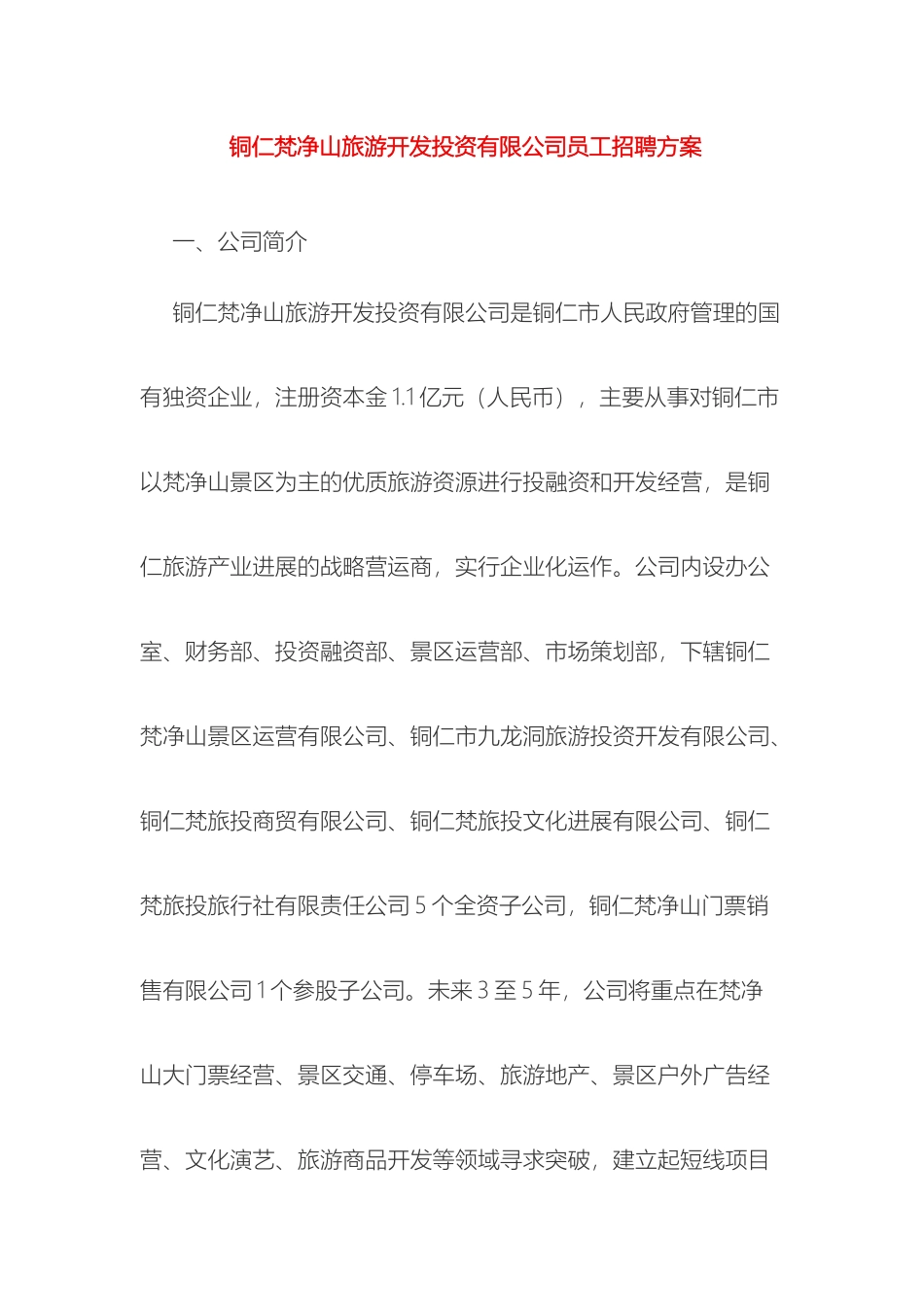 铜仁梵净山旅游开发投资有限公司员工招聘方案_第2页