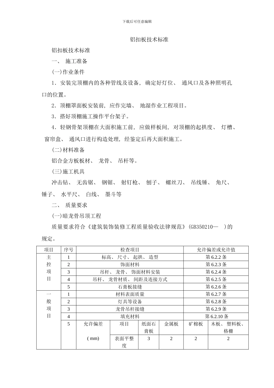 铝扣板技术标准样本_第1页