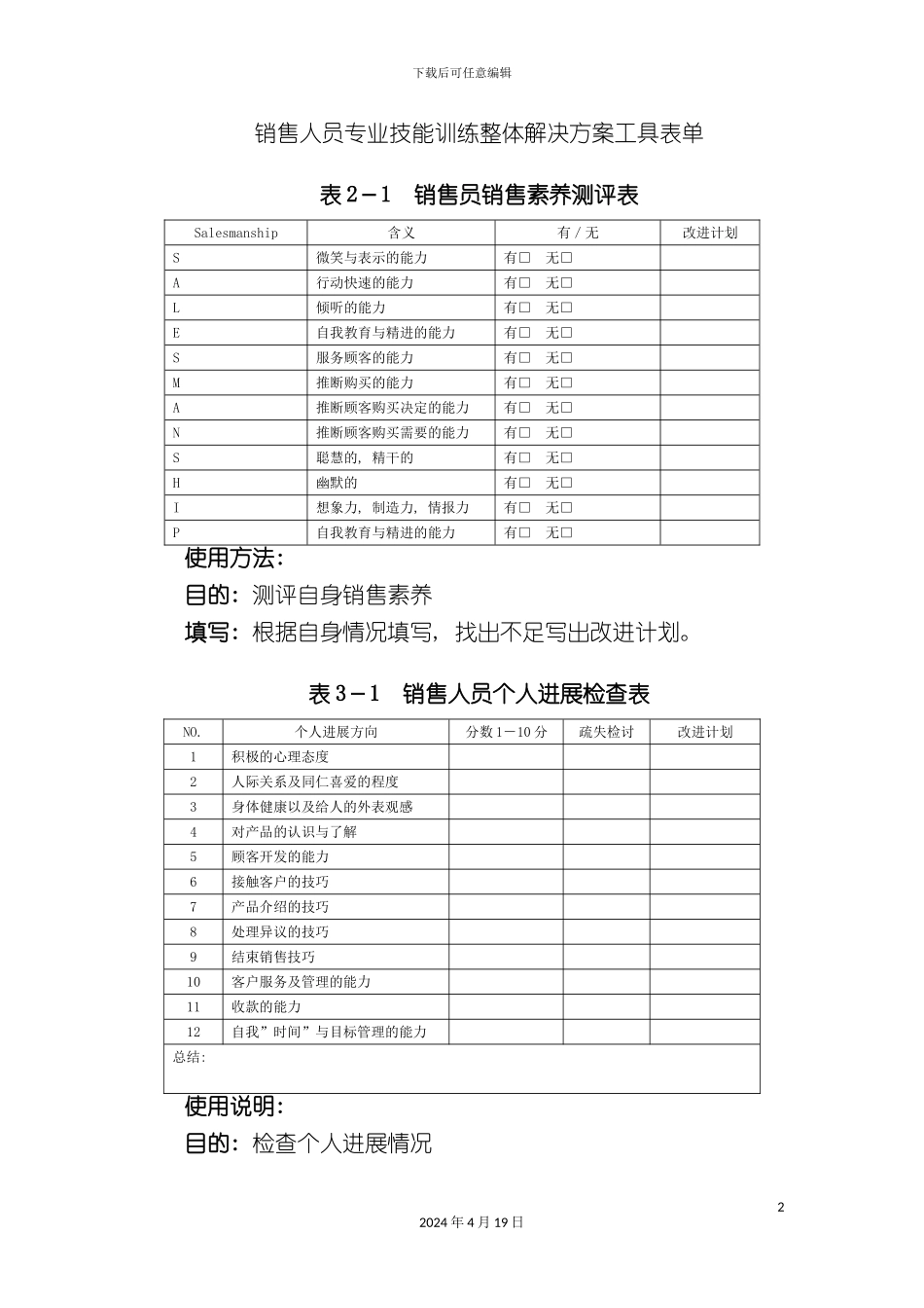 销售人员专业技能训练整体解决方案工具表单_第2页