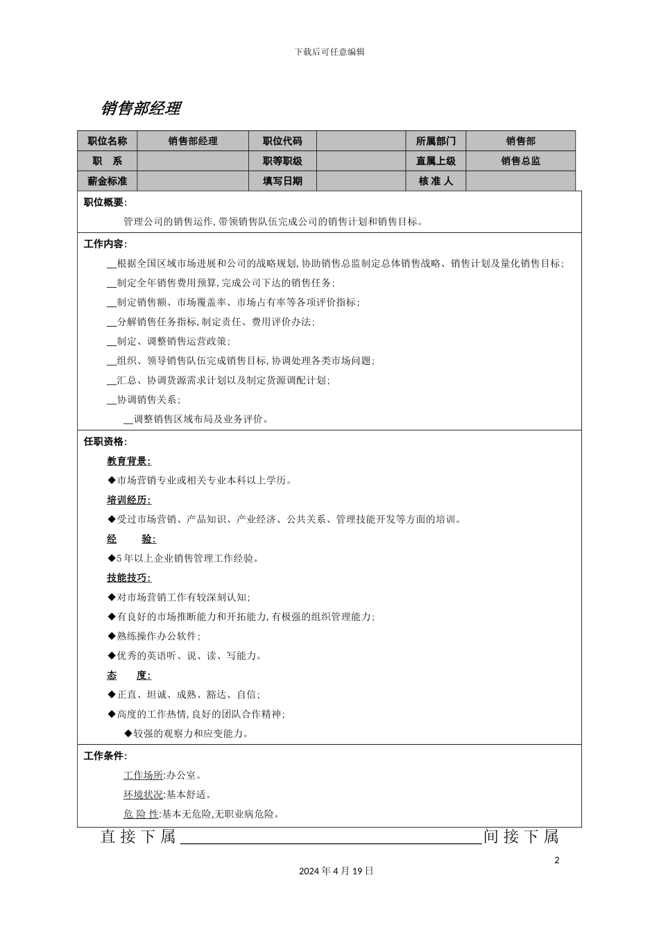 销售部经理岗位说明书_第2页