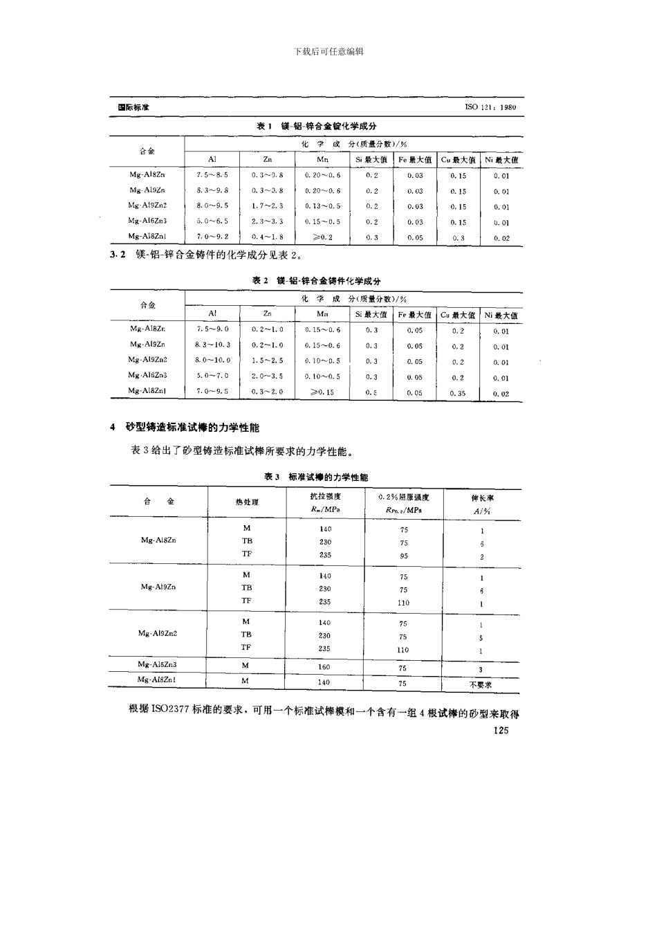 镁铝锌合金锭和铸件化学成分和砂型铸造标准试棒力学性能样本_第2页