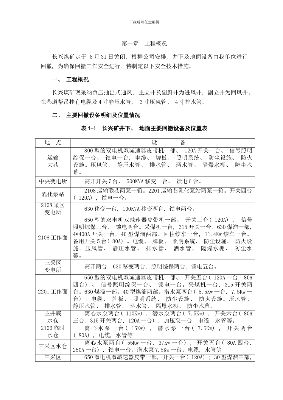 长兴煤矿井下设备回撤安全技术措施样本_第1页