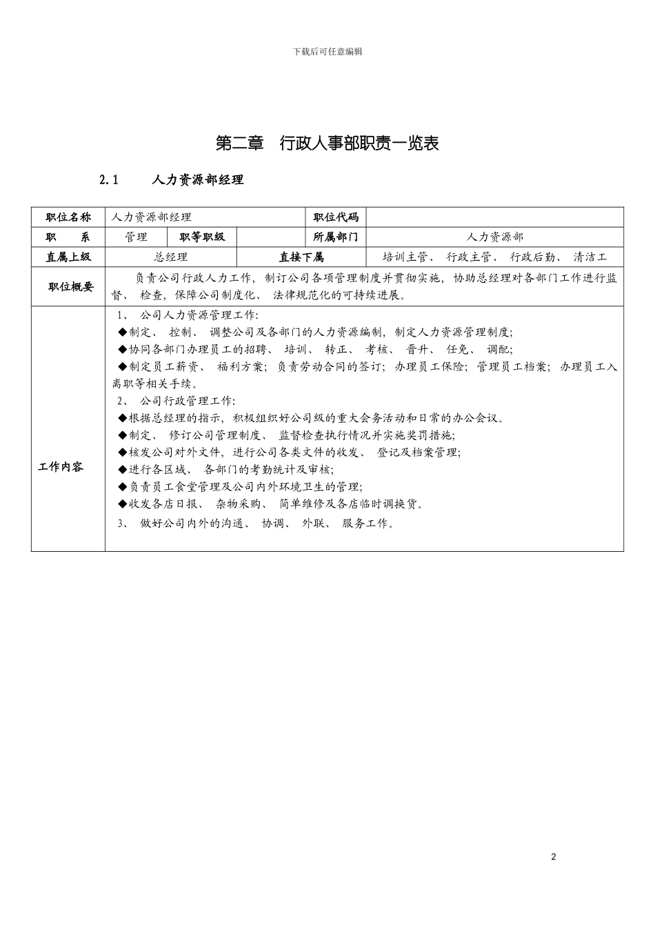 零售业人力经理岗位职责模板_第2页