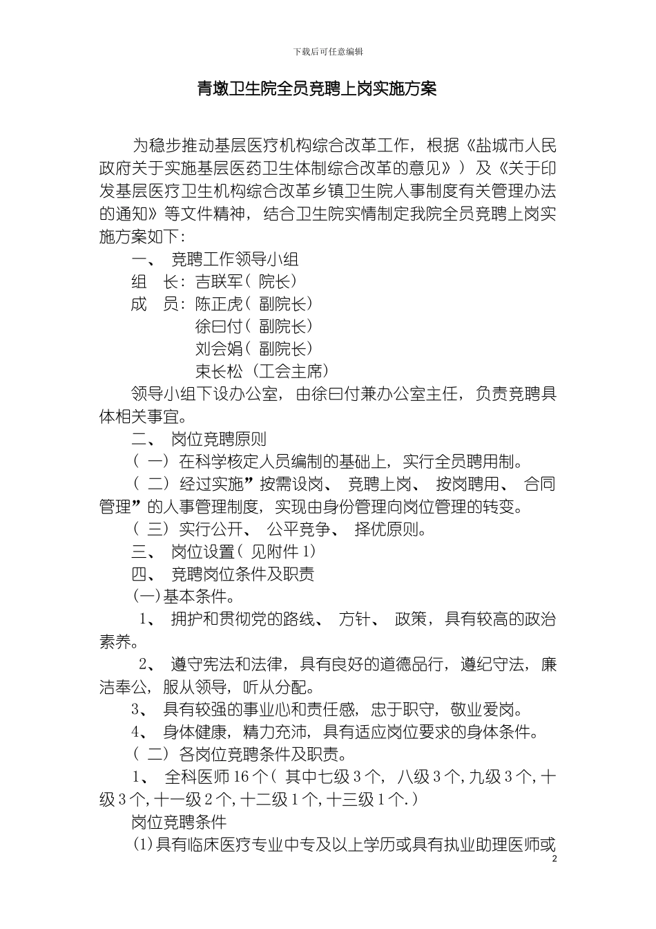 青墩卫生院全员竞聘上岗实施方案模板_第2页