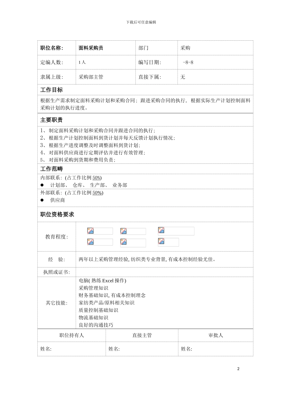 面料采购员岗位说明书模板_第2页