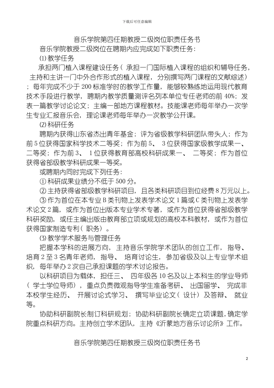 音乐学院第四任期教授二级岗位职责任务书模板_第2页