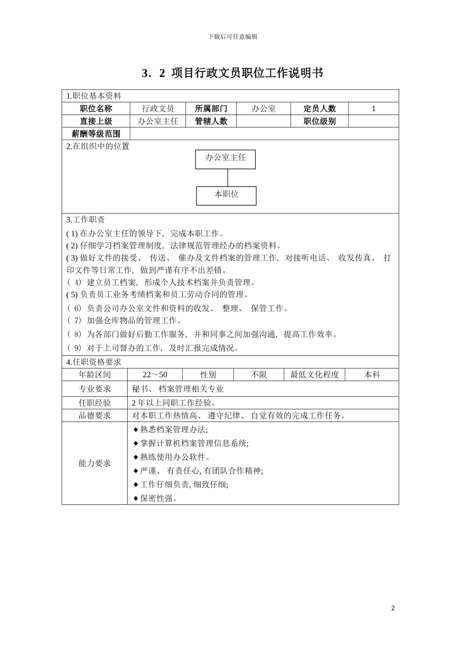 项目办公室行政文员职位工作说明书模板_第2页