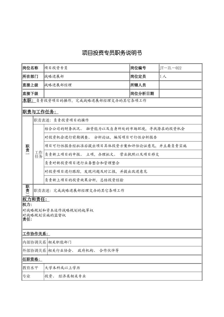 项目投资专员岗位说明书模板_第2页