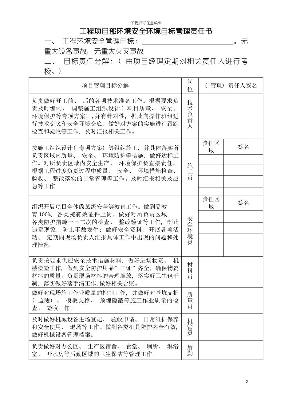 项目管理人员安全环境目标管理责任书模板_第2页