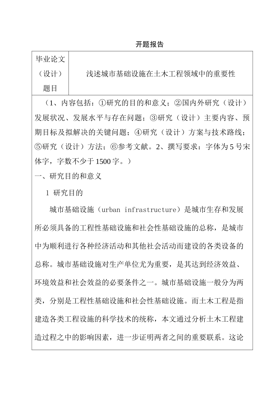 浅述城市基础设施在土木工程领域中的重要性分析研究 开题报告_第1页