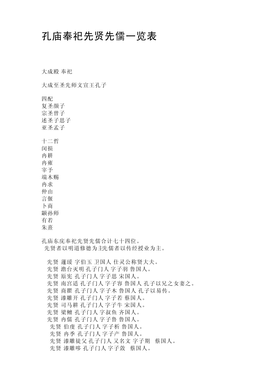 孔庙奉祀先贤先儒一览表_第1页