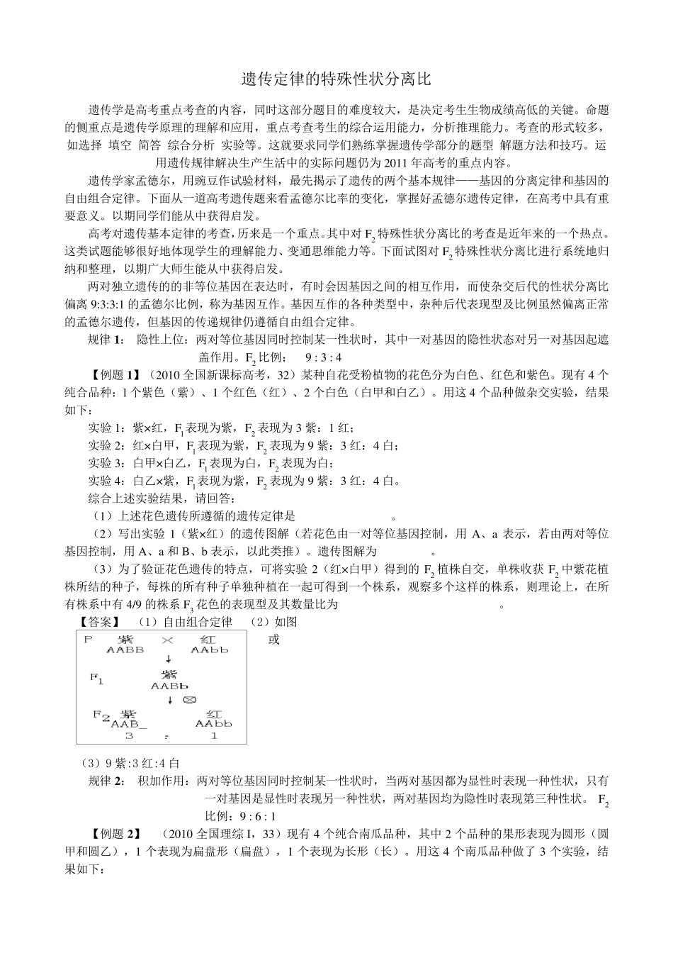 孟德尔遗传定律的特殊性状分离比分析_第1页