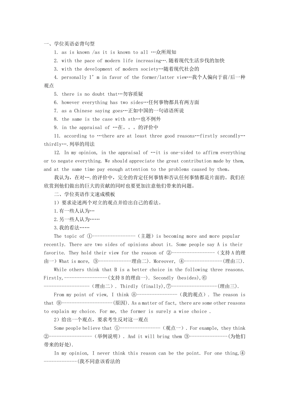 学位英语作文万能模版_第1页