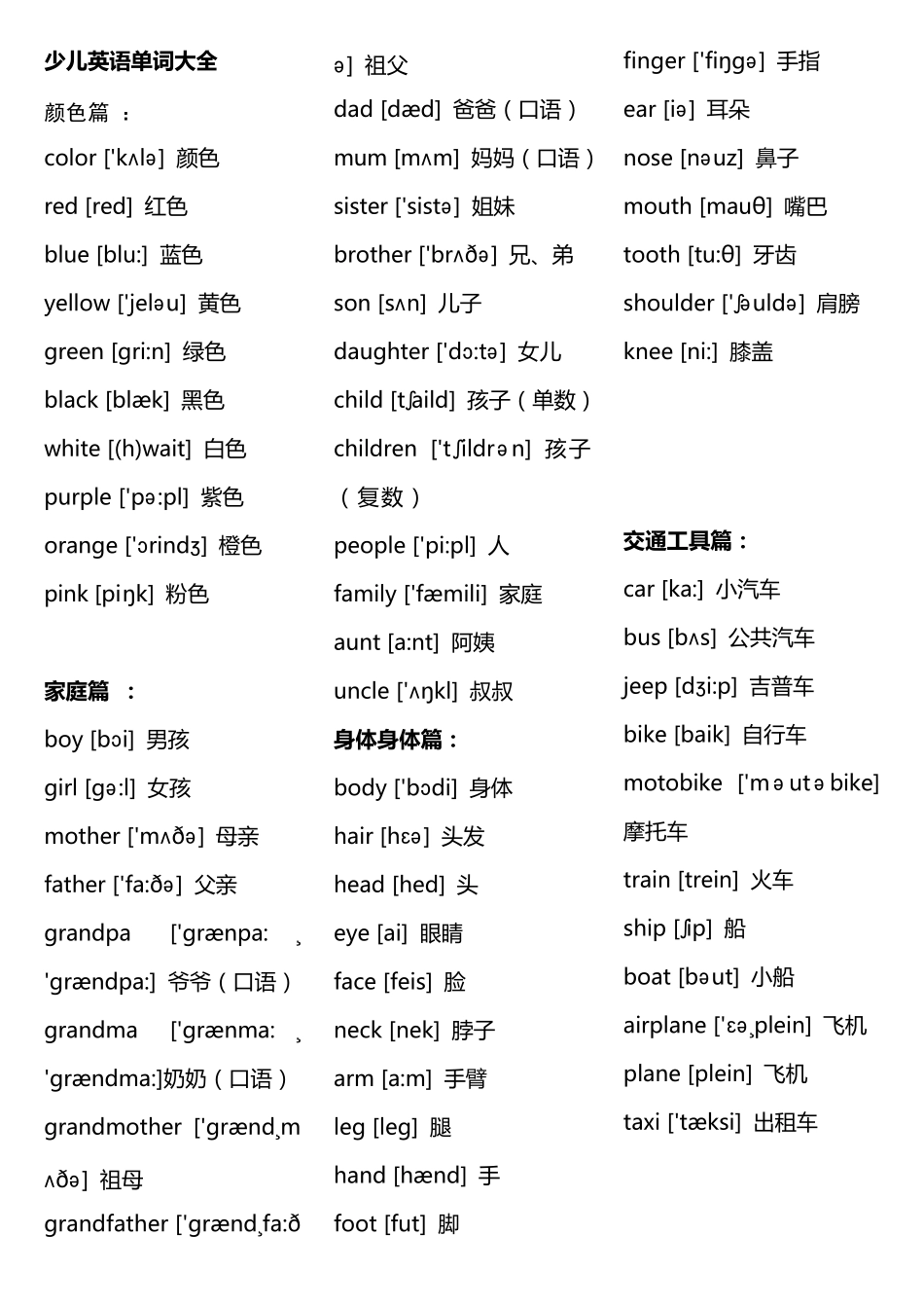 少儿英语单词大全_第1页