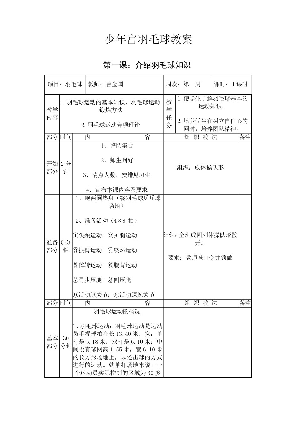 少年宫活动羽毛球教案全_第1页